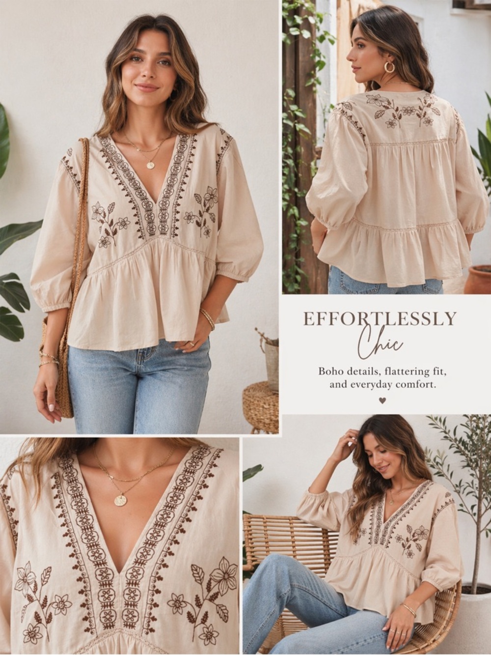 Mentha & Chocolate Universal Thread Cream Embroidered Peplum Blouse